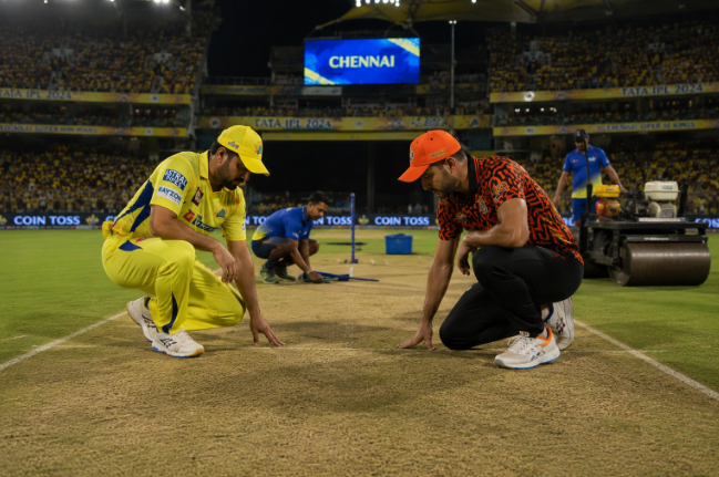 Generic IPL captains inspect the pitch before a high-pressure CSK vs SRH playoff race match.