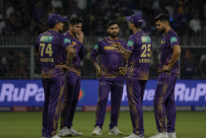 KKR bowlers react during a difficult IPL chase as playoff pressure increases.