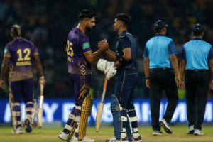 Generic IPL cricketers exchange tense words after a heated SRH vs RCB match in IPL 2026.