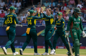Australia Women celebrate a wicket during their nine-wicket win over Bangladesh Women.