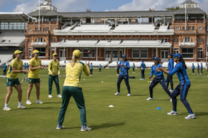Generic Australia and India women players warming up before a Women's T20 World Cup match at Lord's.