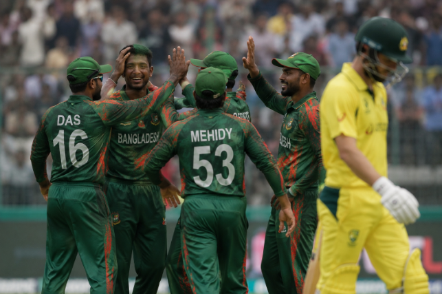 Bangladesh players celebrate during the ODI series against Australia before the second match in Dhaka.