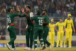 Bangladesh celebrate a crucial moment during their ODI victory over Australia in Dhaka.