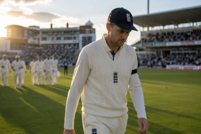 Generic England Test captain walks off following an emotional retirement announcement.