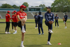 Canada and USA prepare for an ICC Cricket World Cup League 2 match in King City.