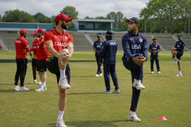Canada and USA prepare for an ICC Cricket World Cup League 2 match in King City.