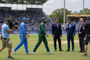 Cricket captains walk out for the toss before an international match.