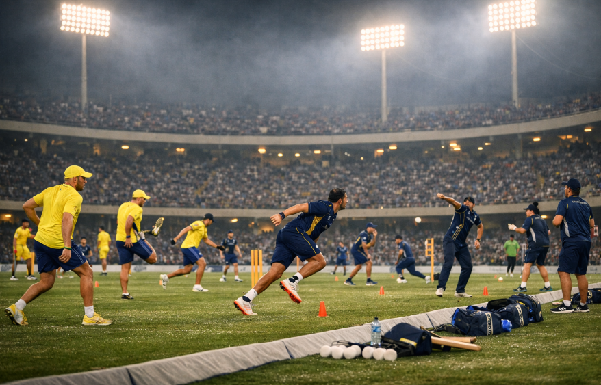CSK and Gujarat Titans players warm up before IPL 2026 clash under stadium lights