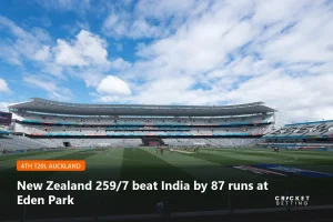 Eden Park in Auckland under a bright sky, where New Zealand made 259 for 7 against India in the fourth T20I