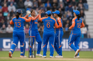 India Women celebrate a wicket against England ahead of the second T20 international in Bristol.