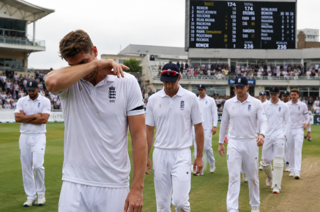 England players leave the field after a Test defeat as World Test Championship penalties impact the standings.