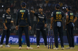 Gujarat Titans players maintain pressure during a controlled IPL middle-overs spell.