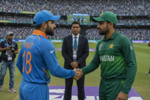 Two cricket captains meet before a match as bettors assess historical head-to-head records.