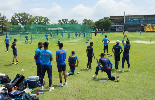 India A and Sri Lanka A players prepare ahead of their Tri-Nation A Series match in Dambulla.