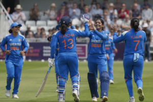 India A Women celebrate after securing a series victory against England A Women