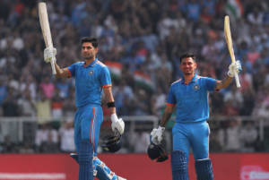 Shubman Gill and Ishan Kishan celebrate during India's ODI victory over Afghanistan.