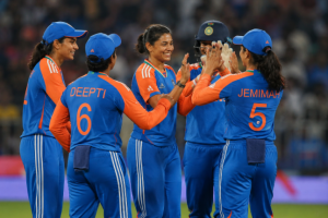 India Women celebrate during a T20 international as betting markets assess their Women's T20 World Cup chances.