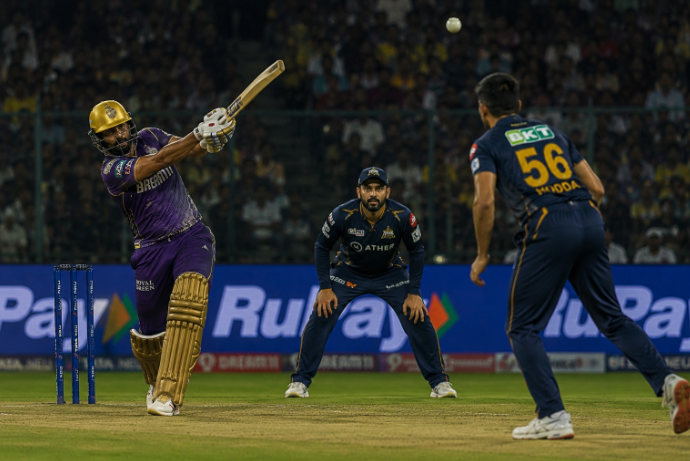 An IPL batter attacks a support bowler during a tense death-overs chase.