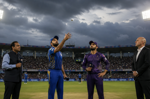 Generic IPL captains at the toss before a high-pressure night cricket match.