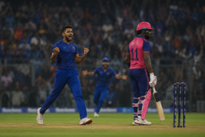 Generic fast bowler celebrates during Rajasthan Royals’ playoff-clinching IPL victory over Mumbai Indians
