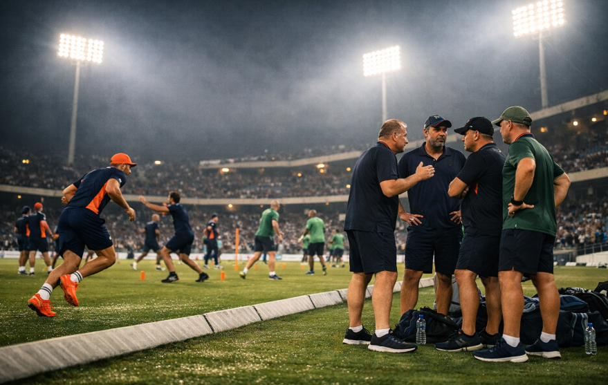 KKR and MI players warm up before a crucial IPL 2026 clash under stadium lights.