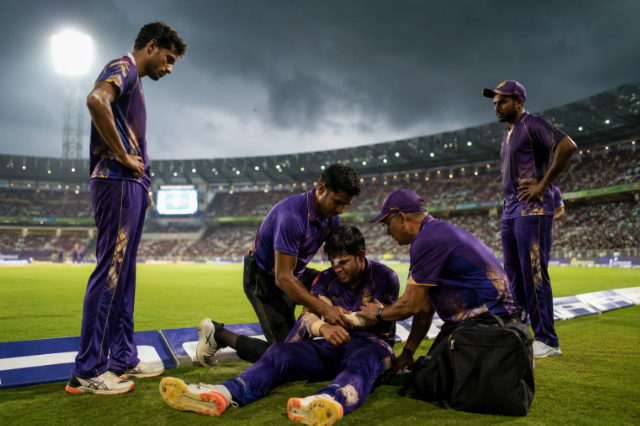 Generic Kolkata T20 player receives treatment during a crucial IPL playoff race match.