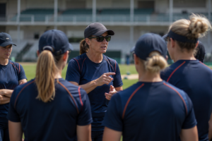 Women's cricket coach leads a training session ahead of a new WBBL season.
