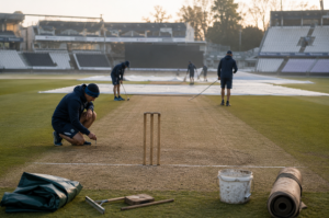 Grounds staff prepare a Test wicket after ICC criticism of recent pitch conditions.