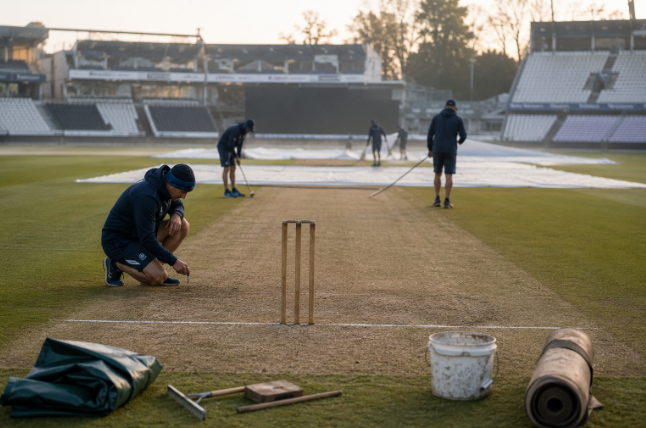 Grounds staff prepare a Test wicket after ICC criticism of recent pitch conditions.