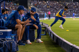 A substitute player warms up during a T20 match ahead of the Lanka Premier League's new Impact Player era.
