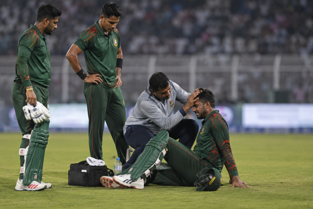 Bangladesh captain receives medical assessment after a head injury during the ODI victory against Australia.