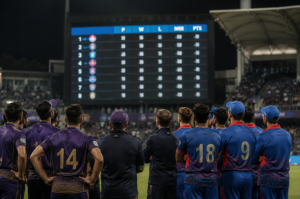 Generic cricketers watch the tournament scoreboard as net run rate becomes crucial.