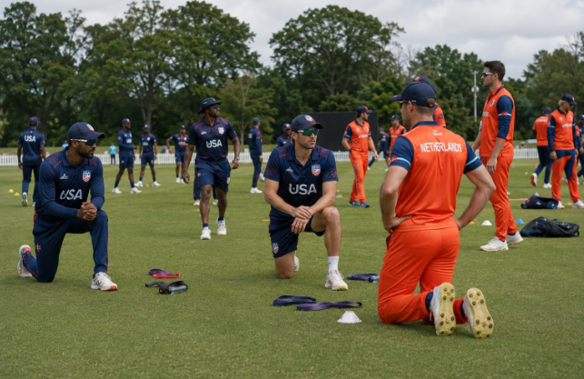 Netherlands and USA players prepare for an ICC Cricket World Cup League 2 match.