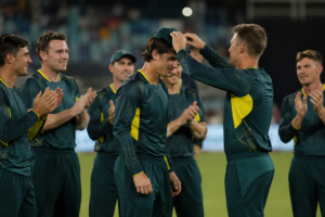 Nikhil Chaudhary receives his Australia cap ahead of an international match.