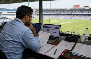 Cricket analyst reviewing match statistics before making betting assessments.