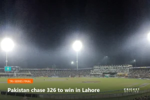 Gaddafi Stadium in Lahore under floodlights, where Pakistan chased 326 to beat Sri Lanka in the final