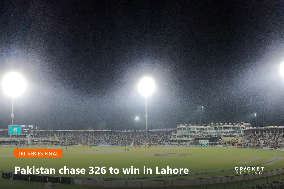 Gaddafi Stadium in Lahore under floodlights, where Pakistan chased 326 to beat Sri Lanka in the final