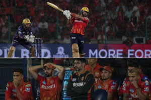 Punjab Kings players react during a fast-scoring but tense IPL innings.