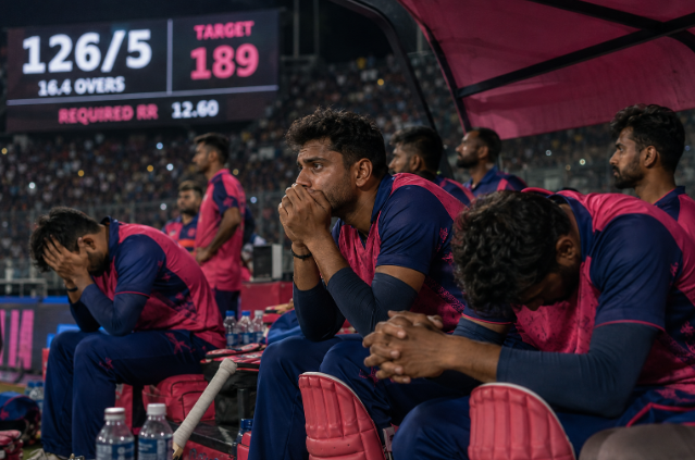 Generic Rajasthan T20 players react during a difficult IPL collapse under playoff pressure.