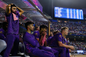 Generic Rajasthan Royals cricketers react during a crucial IPL 2026 playoff race moment.