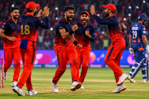 RCB bowlers celebrate during a high-pressure IPL 2026 playoff race match.