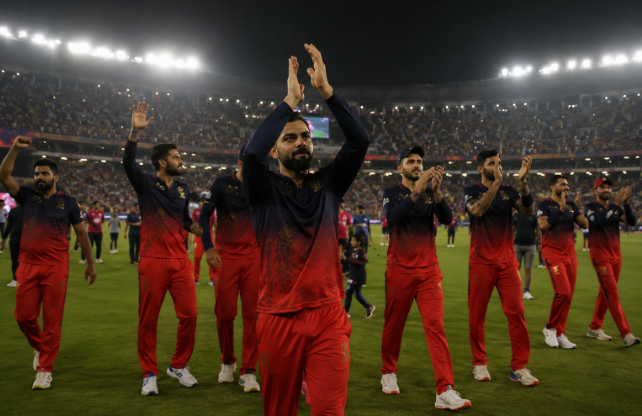 Royal Challengers Bengaluru celebrate reaching the IPL 2026 final.