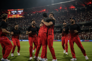 Generic Bengaluru T20 players celebrate a crucial IPL playoff race victory.