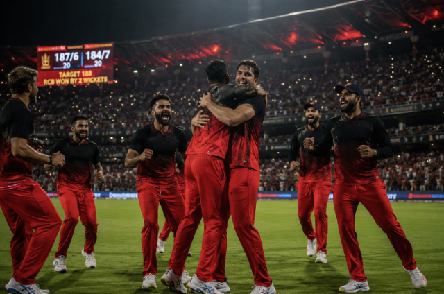 Generic Bengaluru T20 players celebrate a crucial IPL playoff race victory.