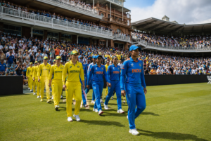 Generic women cricketers walk onto the field before a major T20 match as crowds grow.