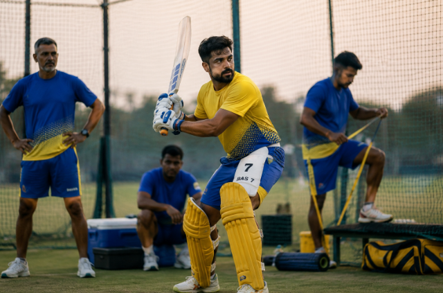 Generic Chennai top-order batter trains during rehabilitation ahead of a future IPL season.