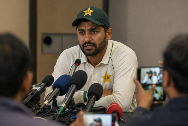 Generic Pakistan Test captain addresses media after a damaging series defeat against Bangladesh.