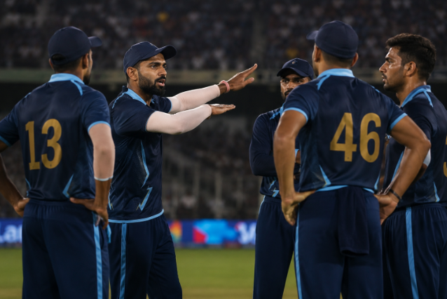 Generic IPL captain adjusts field placements during a playoff-pressure T20 match.