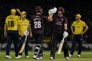 Somerset-style batters celebrate after a successful Vitality Blast chase against Hampshire.
