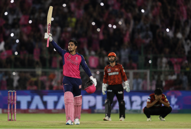 Rajasthan Royals batter celebrates after a powerful IPL playoff innings.